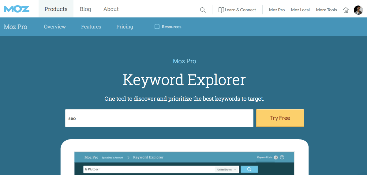 moz pro keyword explorer