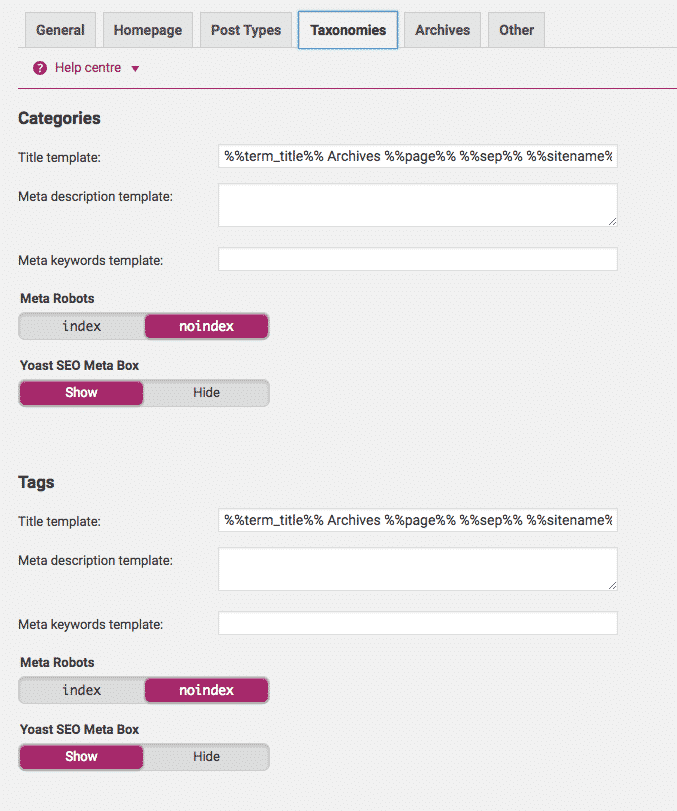 Yoast Taxonomies Settings