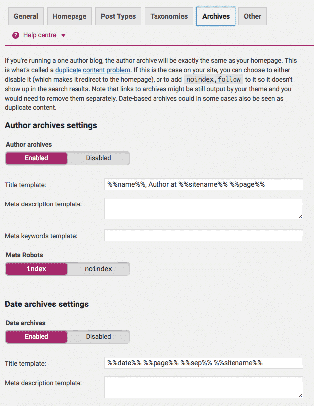 Yoast Archives Sections