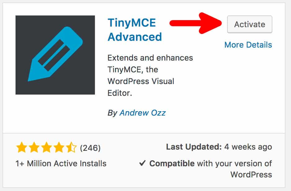 Activating TinyMCE Advanced Plugin