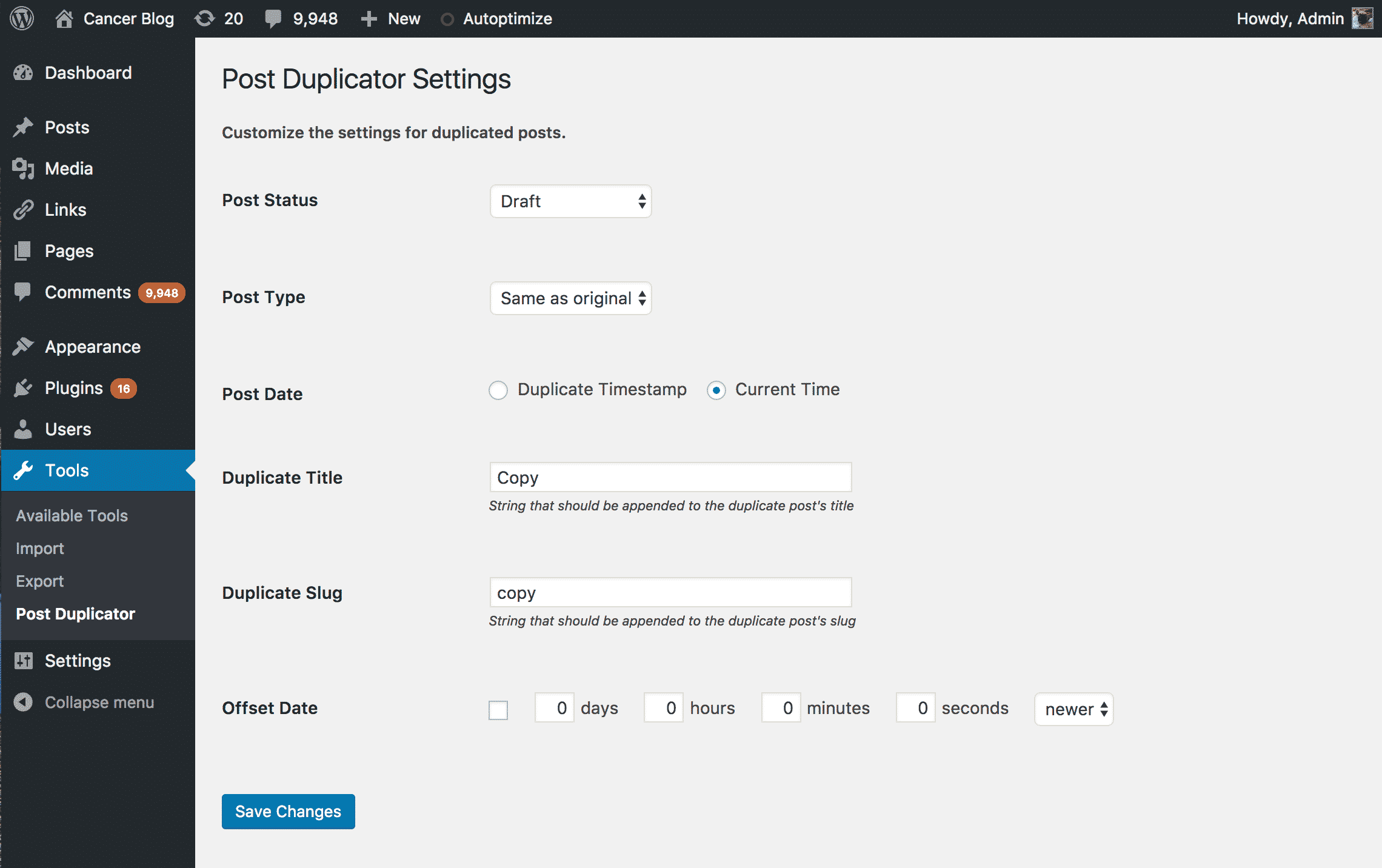 Post Duplicator Plugin Settings