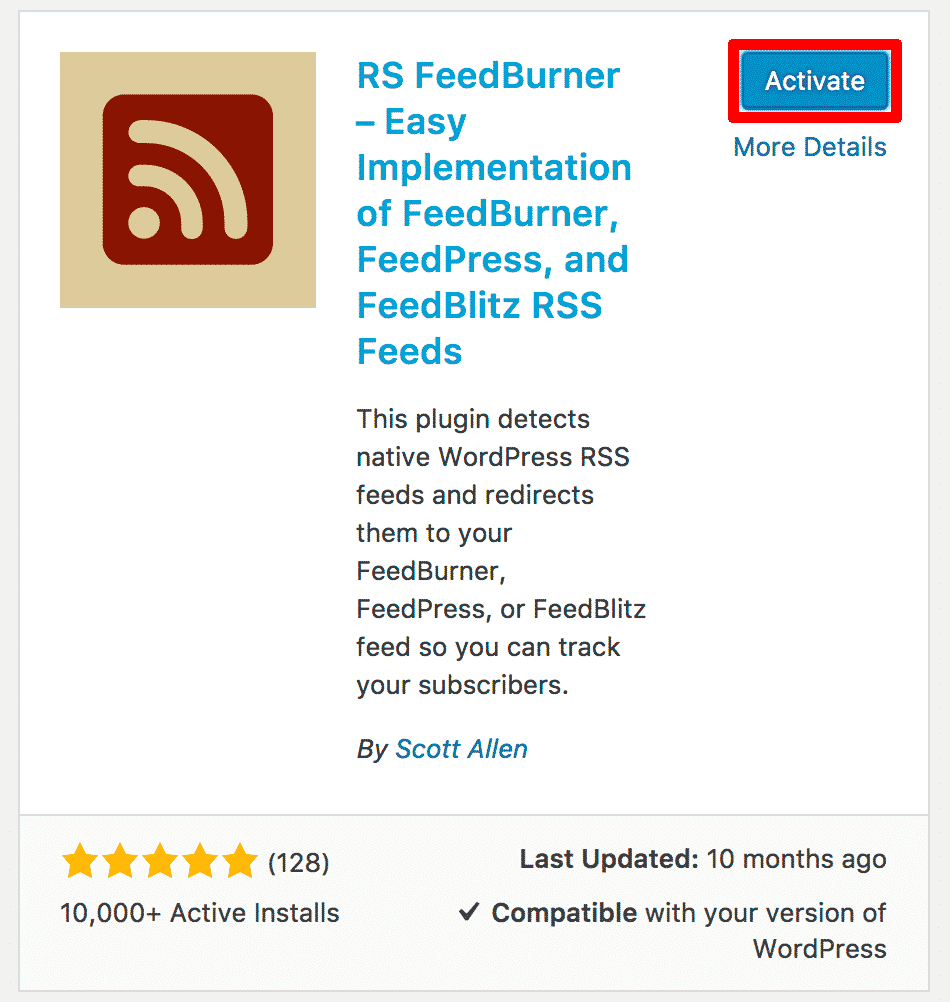 Activating WordPress RSS Feed Plugin 