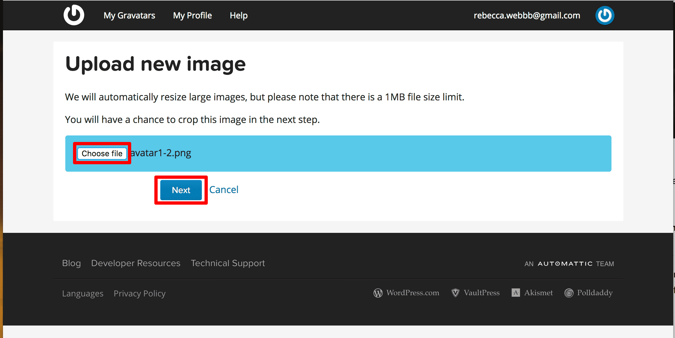 Upload an image to gravatar